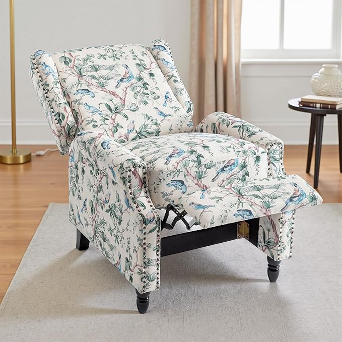 UIXE Pushback Floral Recliner Chair, Fabric Upholstered Armchair Push Back Accent Chair for Living Room, Rivet Trim Club Chair Home Theater Single Sofa Bedroom Reading Seat - Bird