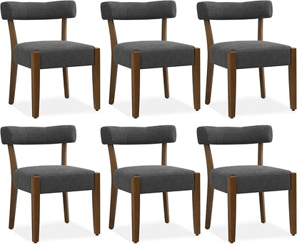 Modern Dining Chairs Set of 6, Walnut Upholstered Kitchen & Dining Room Chairs, Mid Century Wooden Dining Chairs Oversized Sturdy Fabric Rounded Chairs Curved Back, Dark Grey