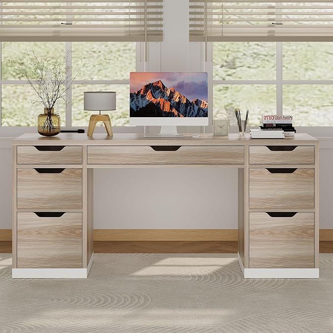 Computer Desk with Storage Drawers, 54 Inch Executive Desk with 7 Drawers for Bedroom, Office Desk with File Drawers for Work Study Writing, Small Spaces, White and Walnut
