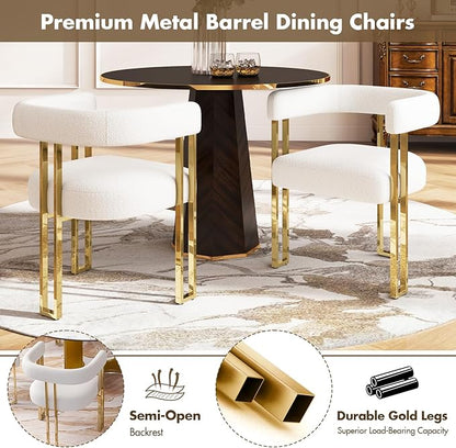 Set of 4 Modern White Boucle Dining Chairs with Gold Metal Legs, Mid Century Accent Upholstered Barrel Armchairs with Open-Back for Kitchen, Dining Room, Living Room, Apartment