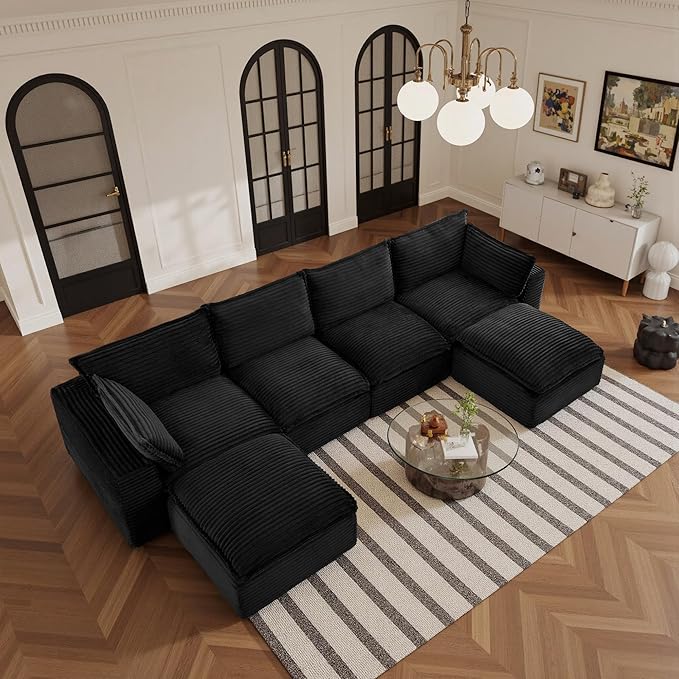 108" Sectional Couches for Living Room Boneless Couch Upholstered Cloud Couch Sectional Modular Sectional Sofa with L Shaped (Corduroy-Black, 4 Seat+2 Ottoman)