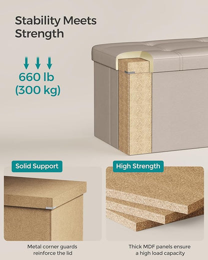 SONGMICS Mazie Collection - 43 Inches Folding Storage Ottoman Bench, Ottoman with Storage, Foot Rest Stool, Load 660 lb, for Living Room, Synthetic Leather, Camel Brown ULSF070K03