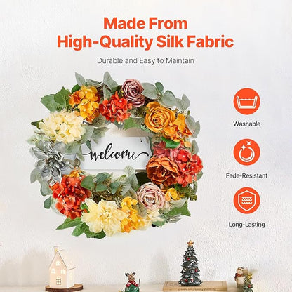 VEVOR Spring Wreath for Front Door 24 Inch - Artificial Hydrangea Year-Round Wreath with Welcome Sign, All Season Outdoor Indoor Decor for Home Wall Window