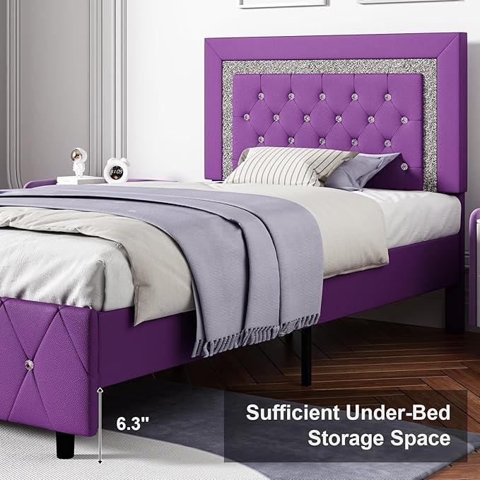 BarnFurin Twin Bed Frame with Headboard, Upholstered Bed with Diamond Tufted Design, No Box Spring Needed, Wooden Slats Support, Easy Assembly, Purple