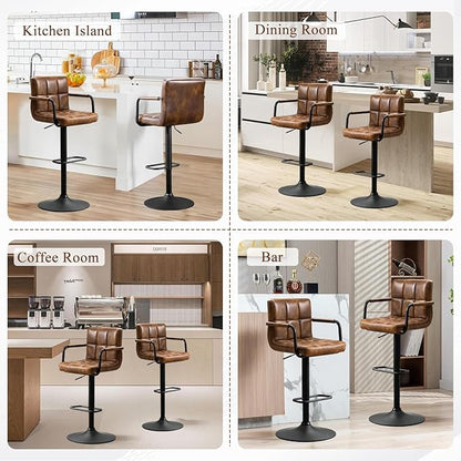 Furniliving Swivel Bar Stools Set of 4, Adjustable Kitchen Counter Height BarStools with Arms, PU Leather Upholstered Bar Chair with Back and Footrest for Dining Room, Kitchen, Pub, Bar (Yellowbrown)