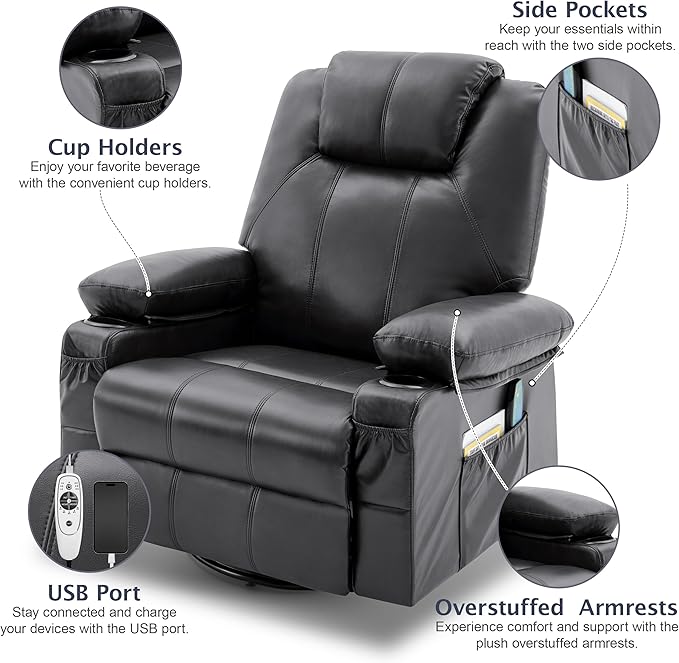 Oversized Swivel Rocker Recliner Sofa Chair with Heat and Massage, 360 Degree Swivel Single Sofa with Cup Holders and USB Port, Big Recliner Sofa Chair for Living Room(Leather, Smoky Black)