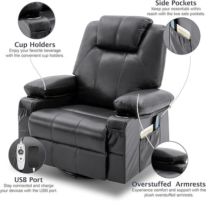 Oversized Swivel Rocker Recliner Sofa Chair with Heat and Massage, 360 Degree Swivel Single Sofa with Cup Holders and USB Port, Big Recliner Sofa Chair for Living Room(Leather, Smoky Black)