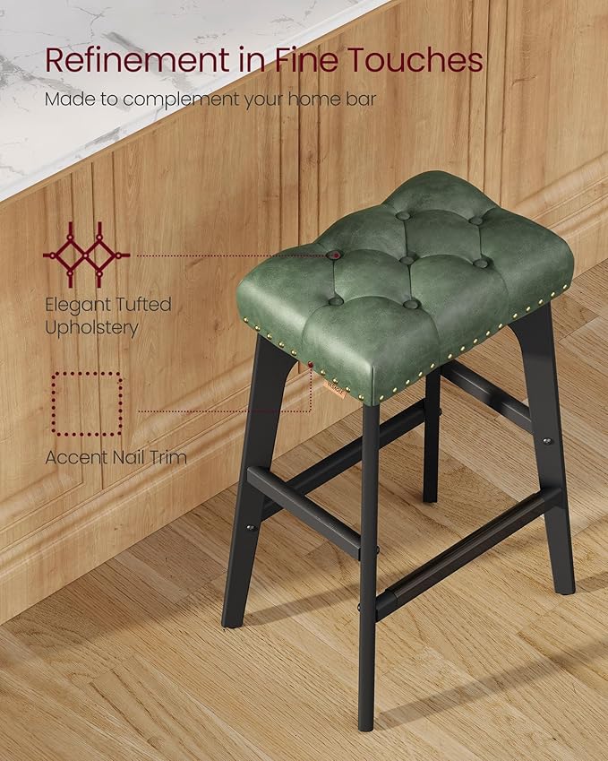 VASAGLE Bar Stools Set of 4, Saddle Counter Height Bar Stools, 26-Inch Backless Kitchen Stools with Wood Legs, PU Leather Thickened Upholstered Barstools for Kitchen Island Dining Room, Forest Green