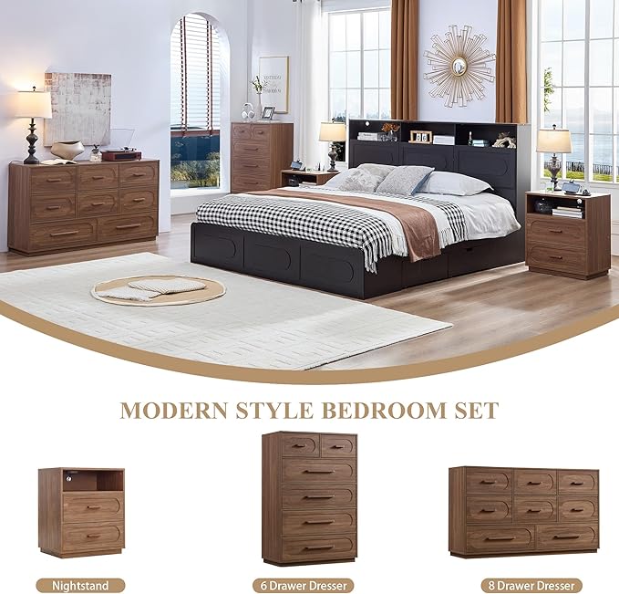 Walnut 6 Drawer Dresser for Bedroom, 44" Tall Dressers & Chest of Drawers w/Solid Wood Handle, Wood Mid Century Closet Organizers and Storage Cabinet for Bedroom, Living Room, Hallway, Walnut