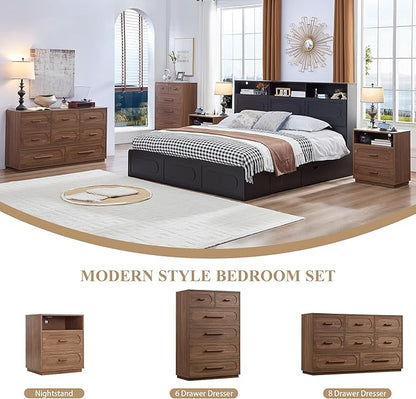 Walnut 6 Drawer Dresser for Bedroom, 44" Tall Dressers & Chest of Drawers w/Solid Wood Handle, Wood Mid Century Closet Organizers and Storage Cabinet for Bedroom, Living Room, Hallway, Walnut