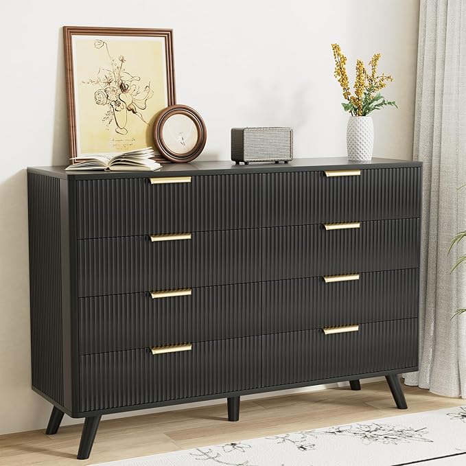 Black Fluted 8 Drawer Dresser for Bedroom, Chest of Drawers with Solid Wood Legs, Modern Dresser Chest Cabinet Organizer with Golden Handles, Beside Table for Closet,