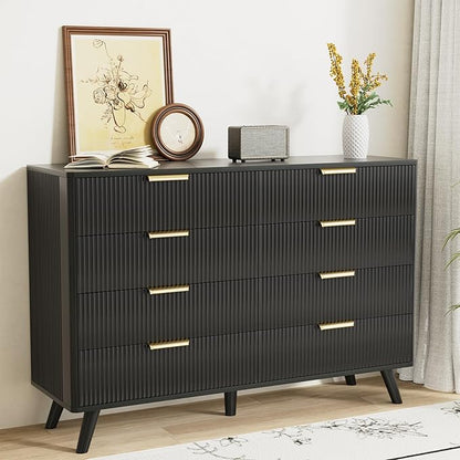 Black Fluted 8 Drawer Dresser for Bedroom, Chest of Drawers with Solid Wood Legs, Modern Dresser Chest Cabinet Organizer with Golden Handles, Beside Table for Closet,