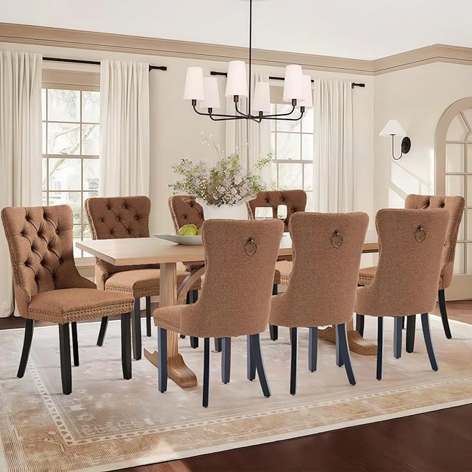 Linen Upholstered Dining Chairs Set of 8, Modern Style Kitchen Side Chairs with Nailhead Trim and Wood Leg, Metal Pulling Ring for Dining Room Living Room(Coffee,Set of 8)