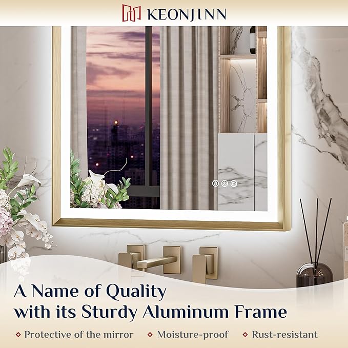 Keonjinn Gold LED Bathroom Mirror 48 x 30 Inch, Frontlit & Backlit Mirror with Metal Framed,Vanity Mirror with Stepless 3 Colors Lights, Anti Fog, UL-Listed LED Driver, HD Tempered Glass