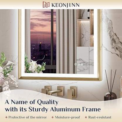 Keonjinn 42” x 36” LED Bathroom Mirror with Frontlit & Backlit, Gold Metal Framed Beveled Edge Mirror for Wall, LED Mirror with Anti Fog, Stepless 3-Color Temperature, UL-Listed LED Driver
