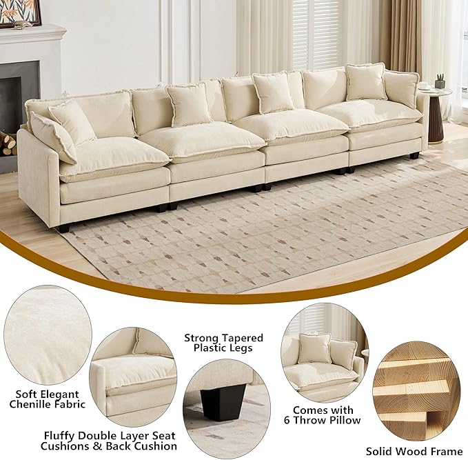 Aoowow Modular Sectional 4 Seater Cloud Sofa Couch for Living Room,149.6" Cloud Sofas with Deep Seat,Modern Chenille 4 Seat Sofas,Fluffy Cloud Couches for Bedroom,Office,Hotel (Beige, 4 Seater)