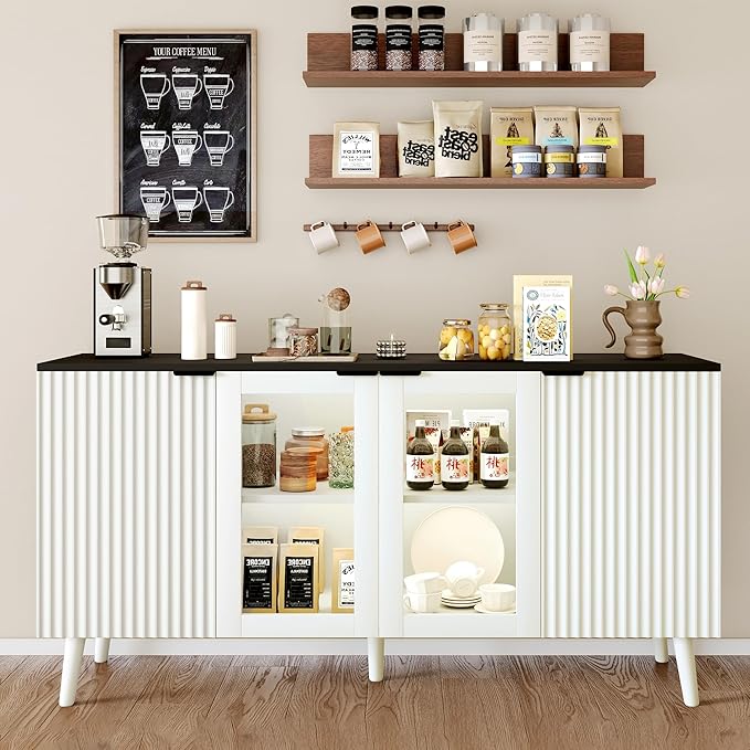 JASIWAY Buffet Cabinet with Storage 55" Fluted Sideboard with Glass Door Modern Coffee Bar Table Accent Credenza Cabinet for Dining Room, Kitchen, Living Room, Hallway, White and Black