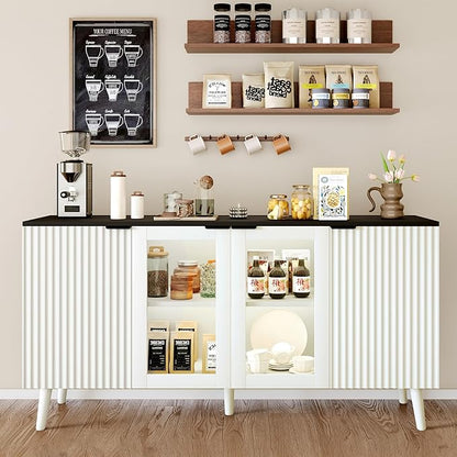 JASIWAY Buffet Cabinet with Storage 55" Fluted Sideboard with Glass Door Modern Coffee Bar Table Accent Credenza Cabinet for Dining Room, Kitchen, Living Room, Hallway, White and Black
