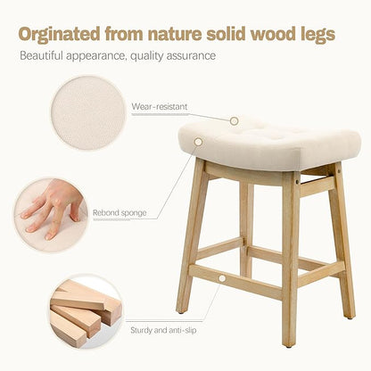 Bar Stools Set of 2 for Kitchen Counter Island Counter Height Farmhouse Modern Barstools with Upholstered Fabric Backless Seat and Solid Wood Legs 24 inch Bar Chairs, Khaki + Wood Color