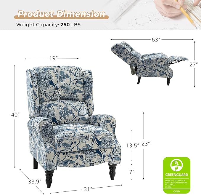 HULALA HOME Upholstered Wingback Recliner Chair, Small Adjustable Footrest Push Back Single Reclining Sofa, Mid Century Modern Lounge Armchair for Living Room, Bedroom, Reading/Jacobean