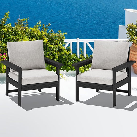SERWALL Outdoor Patio Sofa Set, 2-Piece HDPE Single Seat Outdoor Sofa Chair with Padded Cushions, Black Frame with Beige Cushion