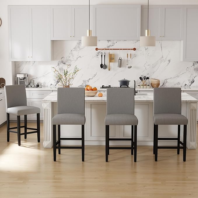 LSSPAID Bar Stools Set of 2, 24.8 Inch Upholstered Fabric Counter Height Stools, Modern Kitchen Island Wood Bar Chairs Barstools with Backrest and Solid Wood Legs, Grey