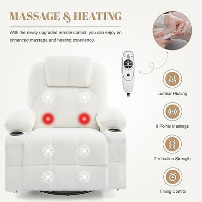 Oversized Swivel Rocker Recliner Chair with Heat and Massage, Large Big Recliner Chair for Living Room, 360 Degree Swivel Rocking Single Sofa with Cup Holders and USB Port(Teddy, White)