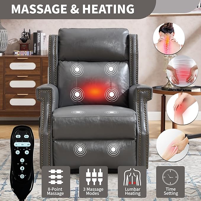 Manual Recliner Chair with Massage & Lumbar Heat, Breathable Leather Reclining Chair for Adults, Humanized Design Easy to Install Living Room Recliners Grey