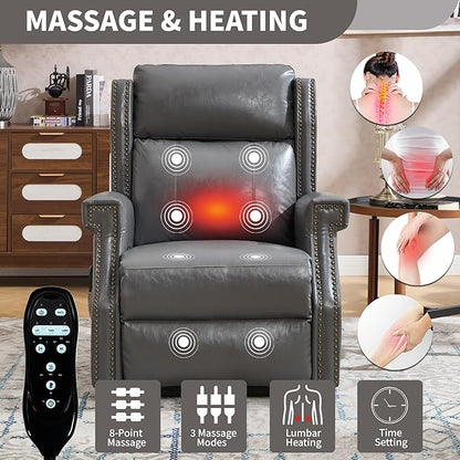 Manual Recliner Chair with Massage & Lumbar Heat, Breathable Leather Reclining Chair for Adults, Humanized Design Easy to Install Living Room Recliners Grey
