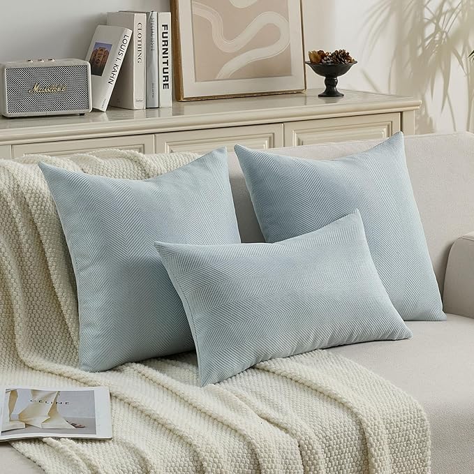 FUTEI Light Blue Chenille Throw Pillow Covers 20x20 Inch Set of 2,Soft Wide Chevron Textured Cushion Case,Farmhouse Home Decor for Couch Bed Living Room