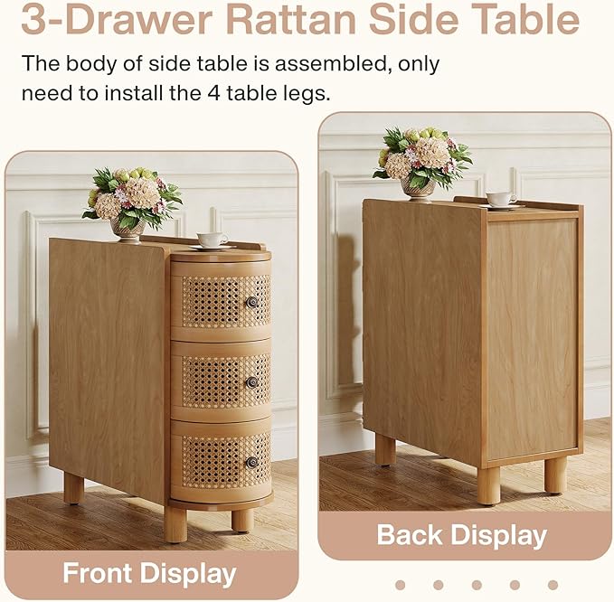 Tribesigns 3-Drawer Rattan End Table, Sofa Side Table with Vintage Embossed Handles, Slim Nightstand for Living Room, Bedroom, FiniMDF, No Assembly (1, Oak)
