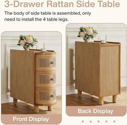 Tribesigns 3-Drawer Rattan End Table, Sofa Side Table with Vintage Embossed Handles for Living Room, Bedroom (2, Oak)