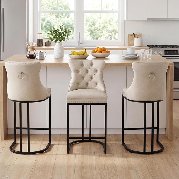 Counter Height Bar Stools Set of 3 for Kitchen Island, Modern Bar Stools with Backs, 26 Inch Barstools with Upholstered Faux Leather Seat and Metal Frame, Beige