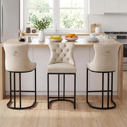 Counter Height Bar Stools Set of 3 for Kitchen Island, Modern Bar Stools with Backs, 26 Inch Barstools with Upholstered Faux Leather Seat and Metal Frame, Beige