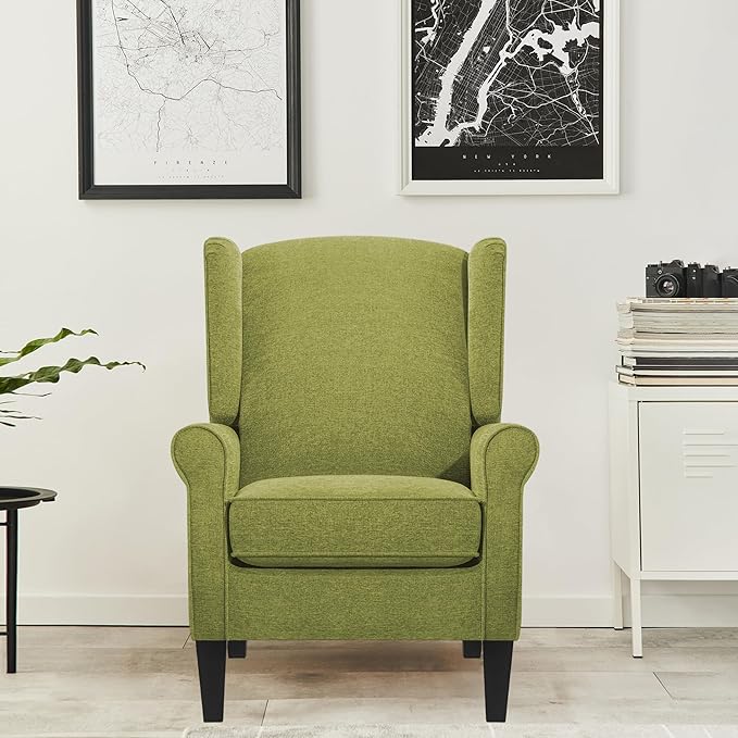 Accent Chair for Living Room, High Back Reading Armchairs with Removable Seat Cushion, Mid-Century Green Single Couch in Fabric, Modern Ergonomic Wingback Chair for Bedroom,Club, Balcony