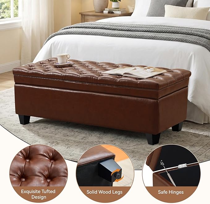 50" Faux Leather Storage Ottoman Bench, Rectangular End of Bed Storage Bench, Upholstered Large Tufted Ottoman with Storage for Living Room, Bedroom, Entryway,Light Brown