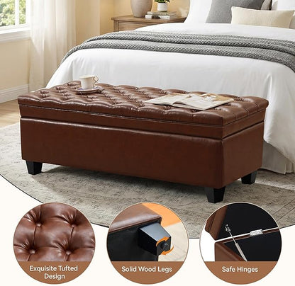 50" Faux Leather Storage Ottoman Bench, Rectangular End of Bed Storage Bench, Upholstered Large Tufted Ottoman with Storage for Living Room, Bedroom, Entryway,Light Brown