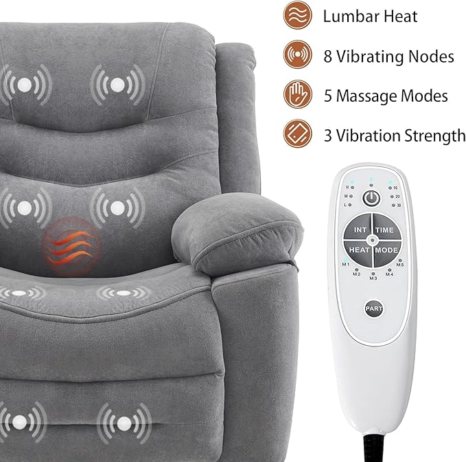Power Swivel Rocker Recliner with Massage and Heat, USB Port, Infinite Position, Oversized Electric Glider Rocking Chairs Living Room, Soft Fabric Reclining Sofa Chair(Misty Gray)