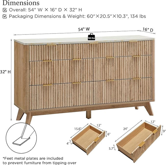 T4TREAM Fluted 7 Drawers Dresser, 54" Wide Modern Chest of Drawers with Faux Marble Top, Curved Profile Design, Dresser TV Stand, Wood Drawer Organizer for Bedroom, Living Room, Hallway, Natural Oak