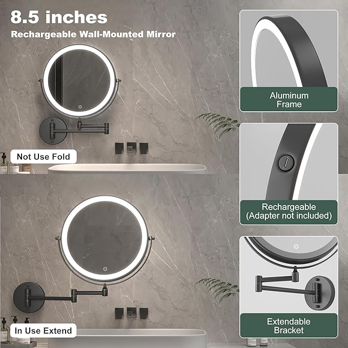 Hasipu 8.5-Inch Wall Mounted Makeup Mirror with Magnification, Rechargeable 2000 mAh Vanity Mirror with Lights, Bathroom Mirror with Dimmable Brightness, 3 Lighting Modes, Extendable Arm, Black