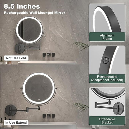 Hasipu 8.5-Inch Wall Mounted Makeup Mirror with Magnification, Rechargeable 2000 mAh Vanity Mirror with Lights, Bathroom Mirror with Dimmable Brightness, 3 Lighting Modes, Extendable Arm, Black