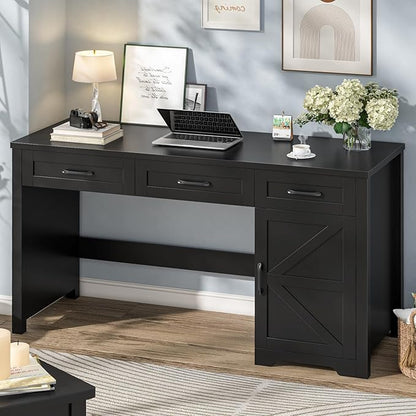 Vabches Farmhouse 59" Executive Desk,Computer Desk with 3 Drawers and Storage Cabinet,Home Office Desk for Work and Study. Pure Black