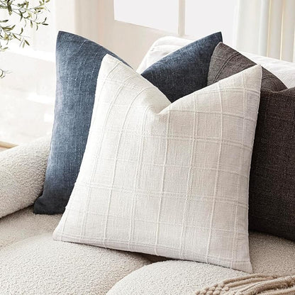 Foindtower Set of 2 Decorative Linen Check Throw Pillow Covers Neutral Farmhouse Vintage Cushion Covers Modern Boho Home Decor for Sofa Chair Couch Bedroom Living Room,26×26 Inch,Cream White