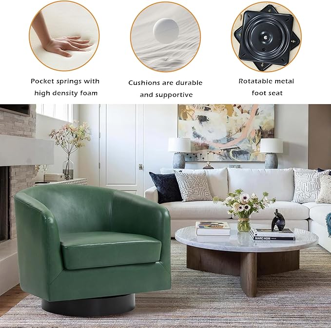 Lumibee Swivel Accent Chair, Faux Leather Swivel Barrel Chair for Living Room, Modern Comfy Upholstered Round Armchair Single Sofa Chair for Bedroom, Club-Green