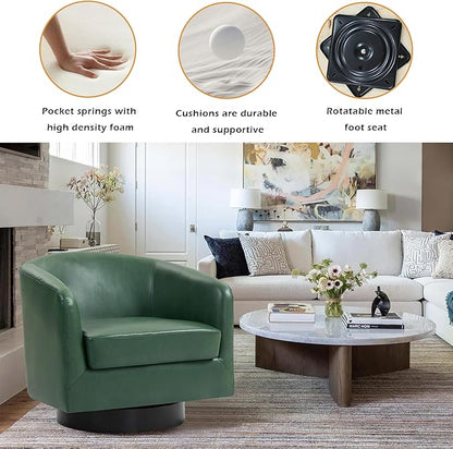 Lumibee Swivel Accent Chairs Set of 2, Faux Leather Swivel Barrel Chairs for Living Room, Modern Comfy Upholstered Round Armchairs Single Sofa Chairs for Bedroom, Club-Green