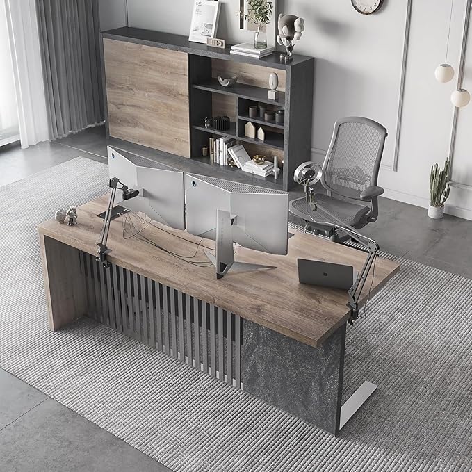 70.87 Inch Modern Executive Office Desk, Computer Writing Desk for Home Office, Business Furniture Workstation Stainless Steels Sturdy Frame 1.97IN Thick Desktop(Right, 70.87×35.5×30 in)