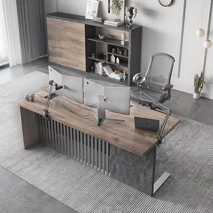 70.87 Inch Modern Executive Office Desk, Computer Writing Desk for Home Office, Business Furniture Workstation Stainless Steels Sturdy Frame 1.97IN Thick Desktop(Right, 70.87×35.5×30 in)