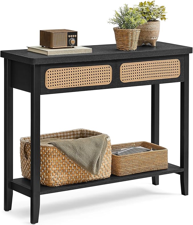 VASAGLE Console Table, Sofa Table, Narrow Entryway Table with 2 Drawers, Open Storage Shelf, Rounded Corners, for Living Room, Boho Style, Ash Black ULNT016B21