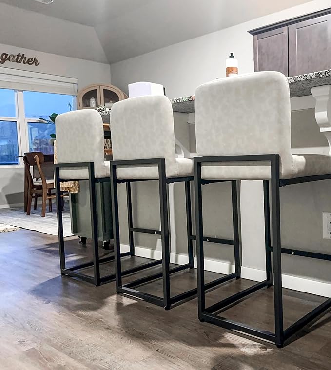 ALPHA HOME 24 Inch Bar Stools Set of 3, Kitchen Counter Stools with Backs, PU Leather Barstools, Kitchen Stools with Back&Upholstered Footrest, Sturdy Chromed Metal Steel Frame, Light Gray