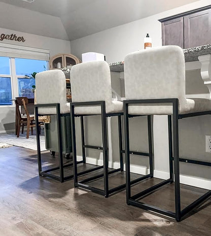 ALPHA HOME 24 Inch Bar Stools Set of 3, Kitchen Counter Stools with Backs, PU Leather Barstools, Kitchen Stools with Back&Upholstered Footrest, Sturdy Chromed Metal Steel Frame, Light Gray